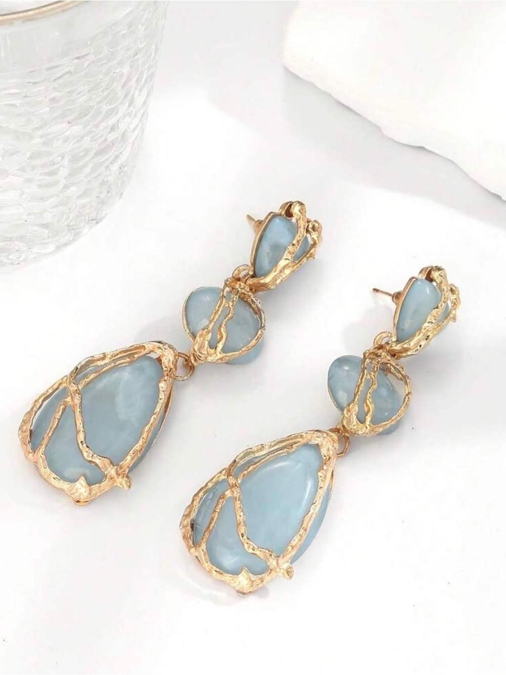 Gold Tone Blue Stone Statement Drop Earrings